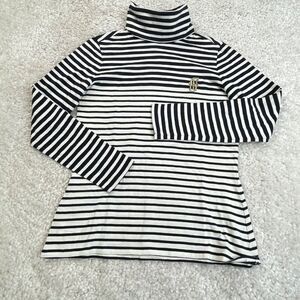 Caroline Herrera Navy Blue Ivory Stripe Embroidery Logo Turtleneck FLAW